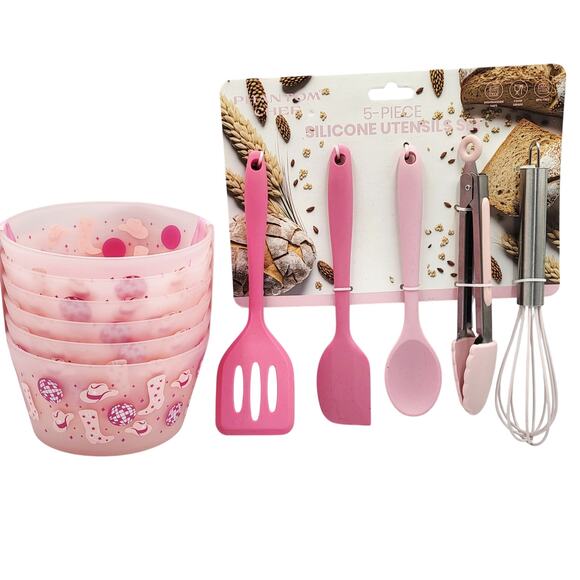 NWT Pink Silicone 5-piece Utensil Set & 6 Set of Cowgirl Print Bowls Youth Girls - Picture 1 of 7